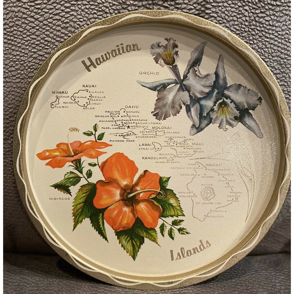 Vintage Hawaii Souvenir Tin Litho Serving Tray Barware 11" Collectable Decor